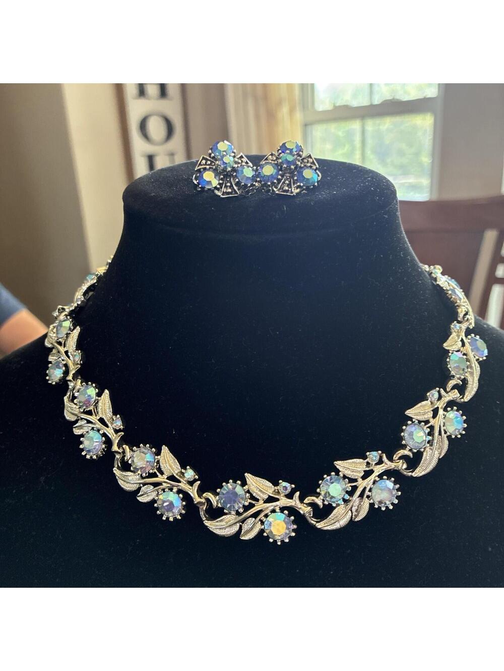 Coro Necklace & Earrings Rhinestone Blue AB Floral Silver Tone Collar Choker